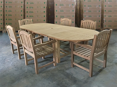 Eden Oval Double Extension Teak Table 200cm Regular To 300cm w/ Extension x 120cm Width Set w/ 6 Manchester Arm Chairs
