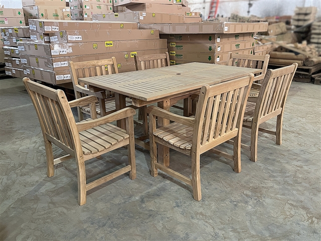 Eden Rectangle Double Extension Teak Table 180cm Regular To 240cm w/ Extension x 100cm Width Set w/ 6 Solo Arm Chairs