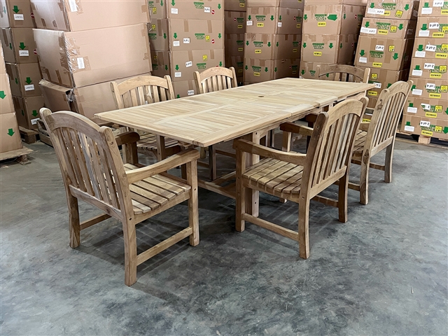 Eden Rectangle Double Extension Teak Table 200cm Regular To 300cm w/ Extension x 120cm Width Set w/ 6 St. Croix Arm Chairs