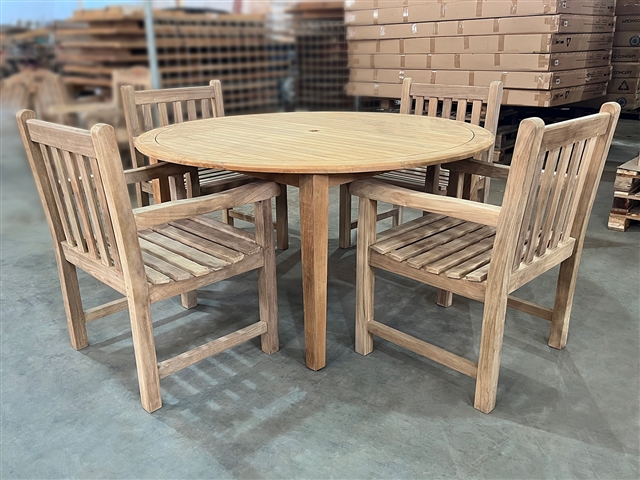 150cm/59" Forbes Teak Round Table SET w/ 4 Oldham Arm Chairs