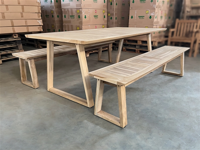 Frankfort Rectangle Teak Table 200 x 100cm SET w/ 2 Backless Benches