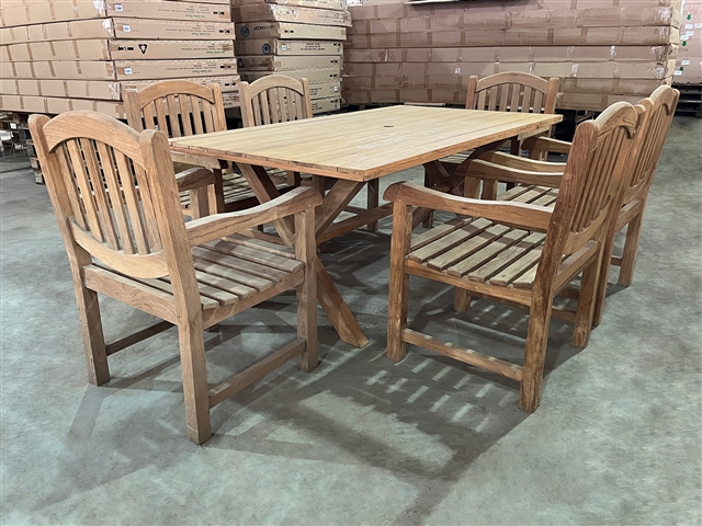 Harrods 71" Teak Table SET w/ 6 Manchester Rustic Arm Chairs