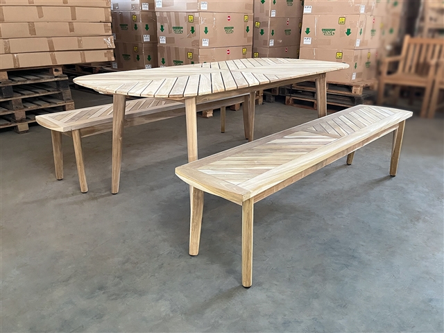 Artane Oval Teak Table 190 x 93cm SET w/ 2 Vernon Backless Benches