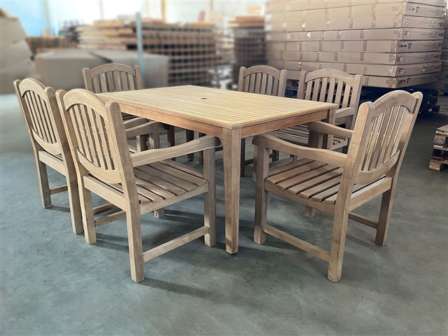 Forbes Rectangle Teak Table 180 x 100cm Set w/ 6 Manchester Arm Chairs